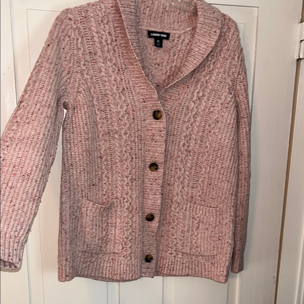 LANDS END Women’s Button-Up Cardigan Pink Med 10-12 Shawl Collar Chunky Cabin